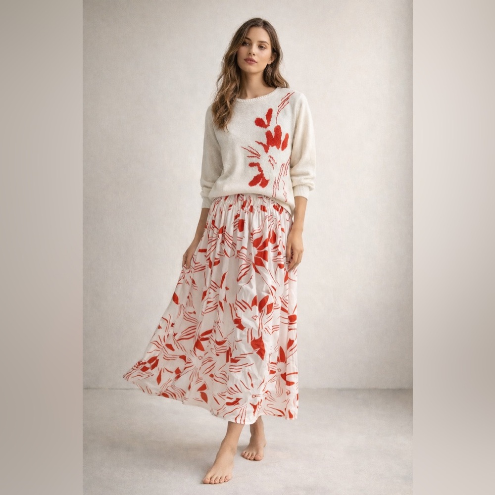 Vintage 70s Floral Maxi Skirt Hand Loomed Summer Sweater Set Red M/L